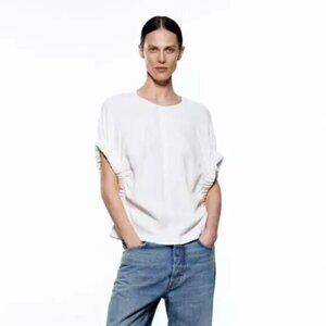 Zara White Blouse with Rolled Scrunched Sleeve Top Size XS NWT